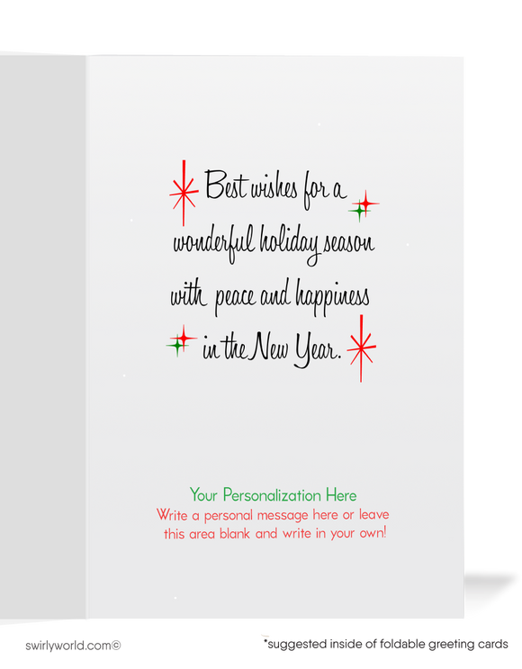 Celebrate Christmas with a retro 1950s-style card featuring a charming snowman and atomic starbursts. Perfect for spreading mid-century holiday cheer!