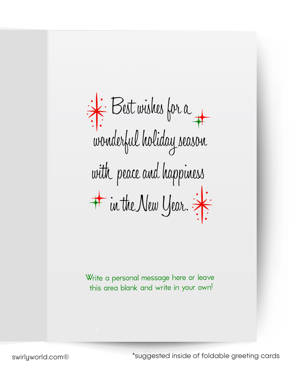 Vintage-style Christmas card with a snowman smoking a pipe on a red background.