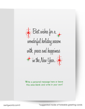 Holiday greeting card with text and decorative stars on a white background