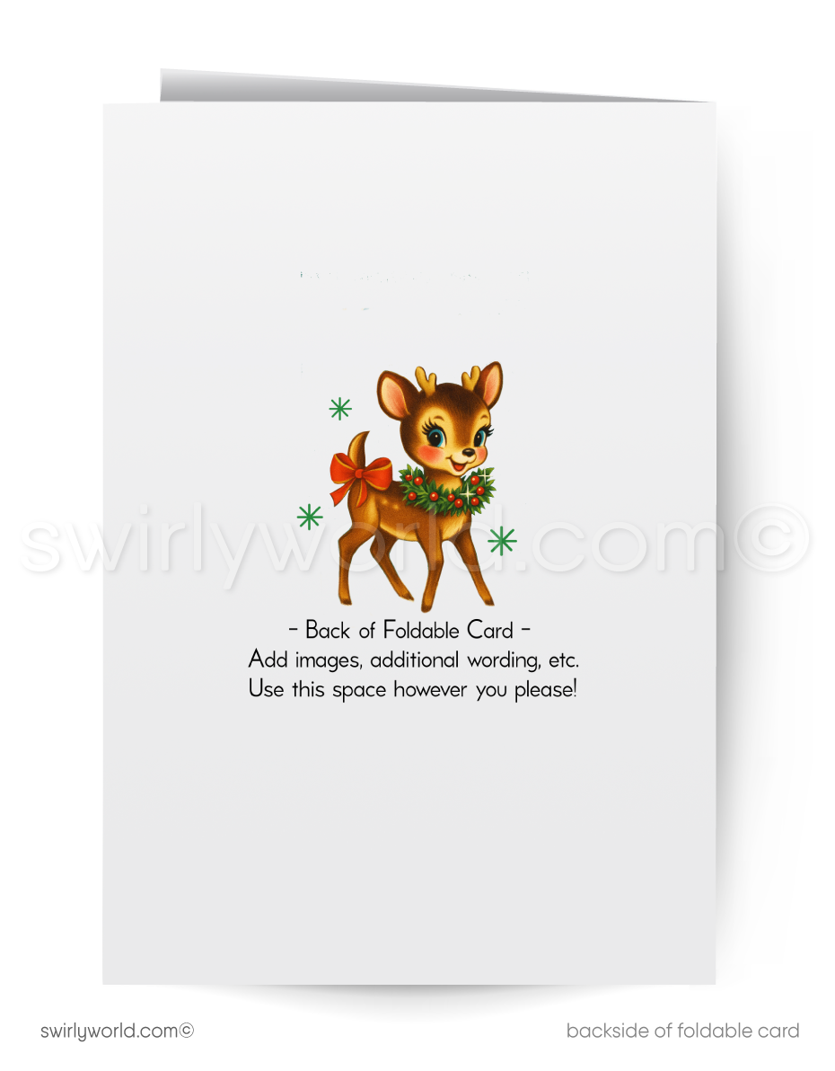 Backside of a foldable card with a reindeer illustration and text instructions.