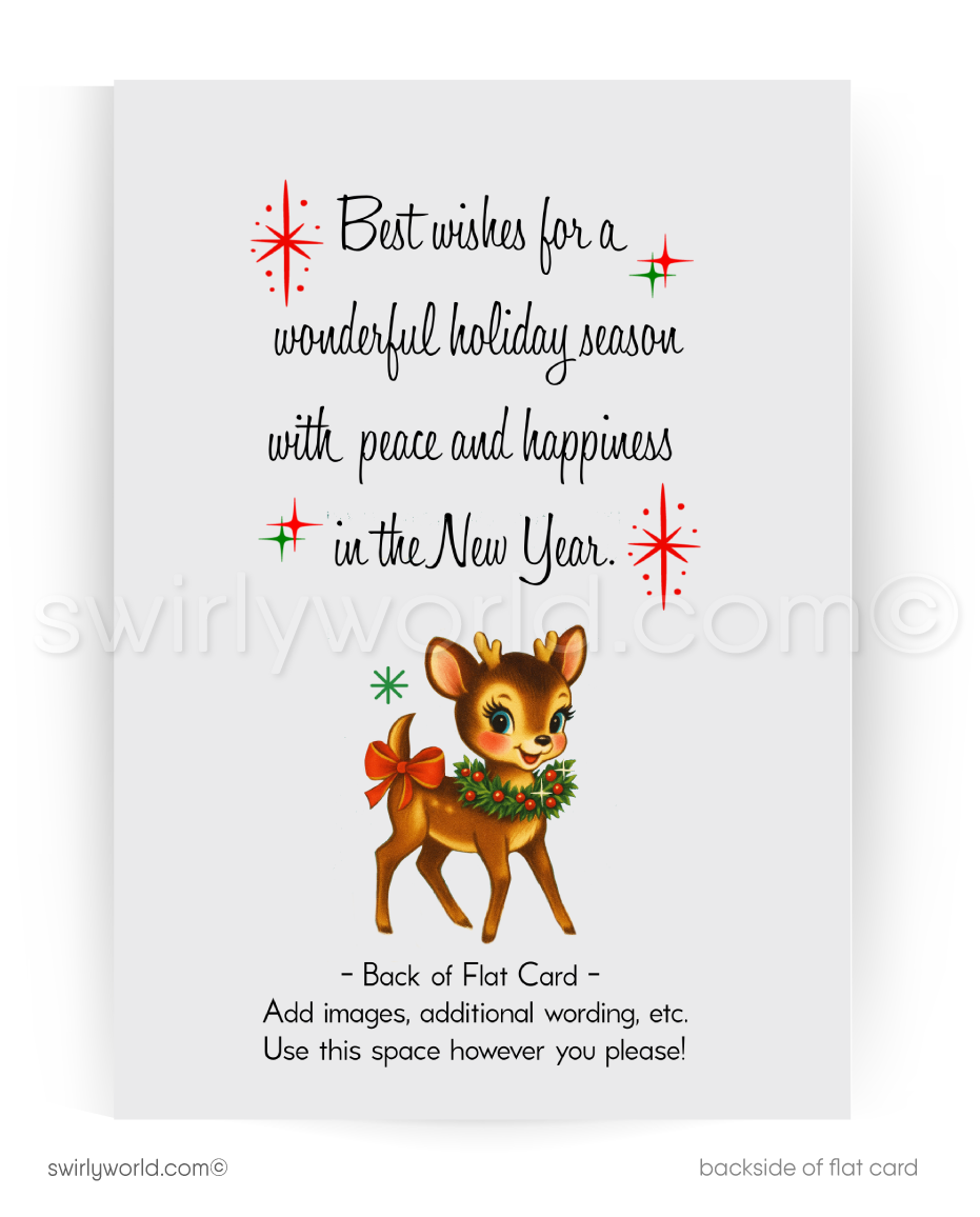 Christmas card with a deer wearing a wreath and holiday wishes text.