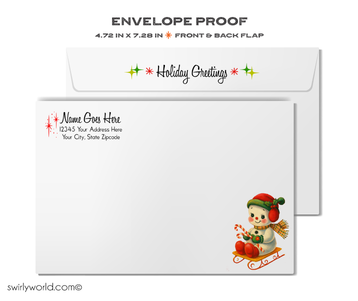 Christmas card with snowman illustration and envelope on a white background