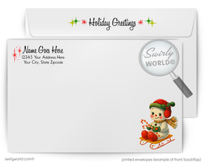 Holiday greeting card with snowman design and Swirly World logo