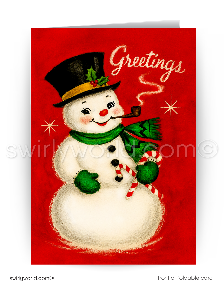 Vintage-style Christmas card with a snowman smoking a pipe on a red background.