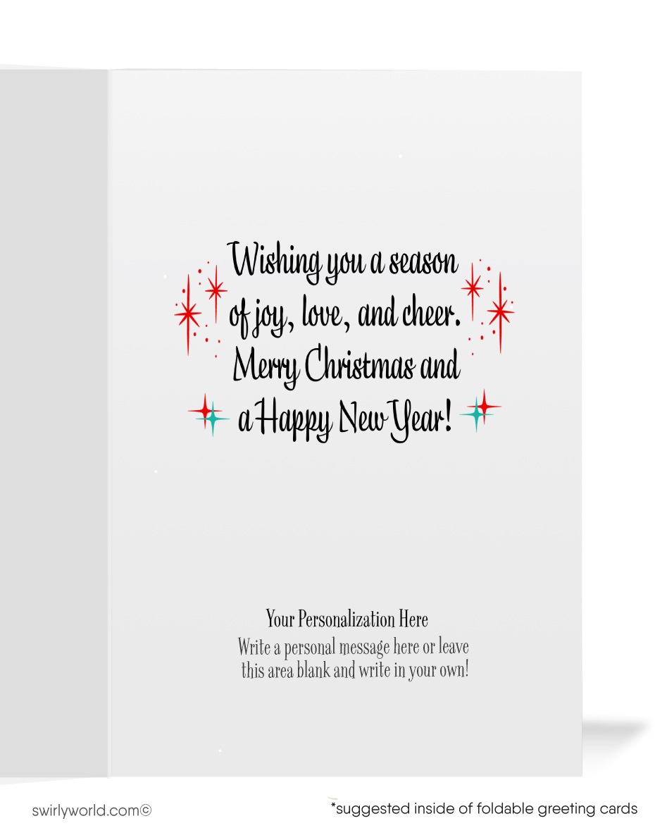 Vintage 1950s Christmas Card – Santa Sleigh & Reindeer Over Snowy Neighborhood, Retro Holiday Design