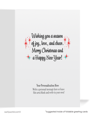 Vintage 1950s Christmas Card – Santa Sleigh & Reindeer Over Snowy Neighborhood, Retro Holiday Design