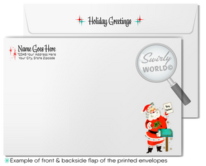 Vintage 1950s Christmas Card – Santa Sleigh & Reindeer Over Snowy Neighborhood, Retro Holiday Design