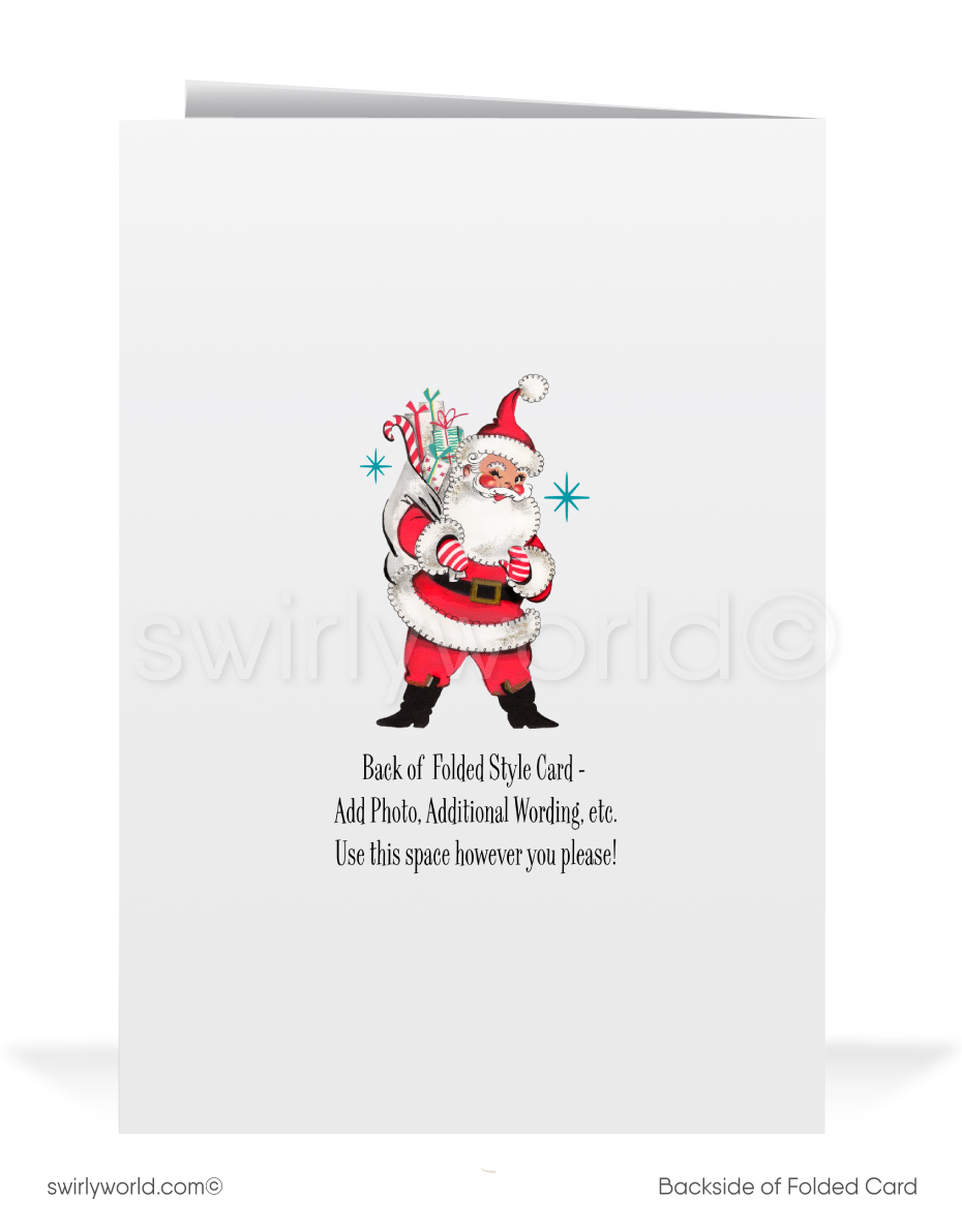 Vintage 1950s Christmas Card – Santa Sleigh & Reindeer Over Snowy Neighborhood, Retro Holiday Design