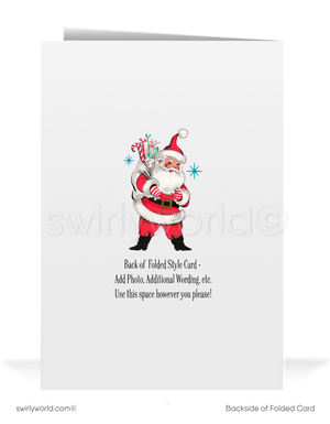 Vintage 1950s Christmas Card – Santa Sleigh & Reindeer Over Snowy Neighborhood, Retro Holiday Design