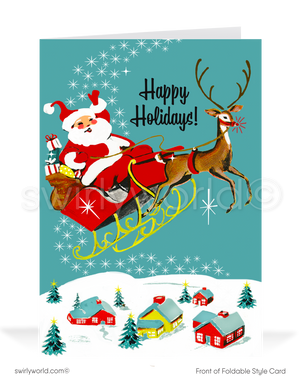 Vintage 1950s Christmas Card – Santa Sleigh & Reindeer Over Snowy Neighborhood, Retro Holiday Design