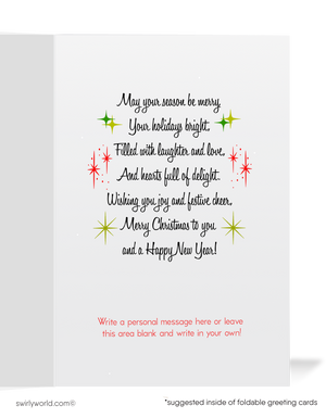 Vintage Christmas Card – Retro Santa with Gift & "Holiday Greetings" Tag, Classic Mid-Century Holiday Design