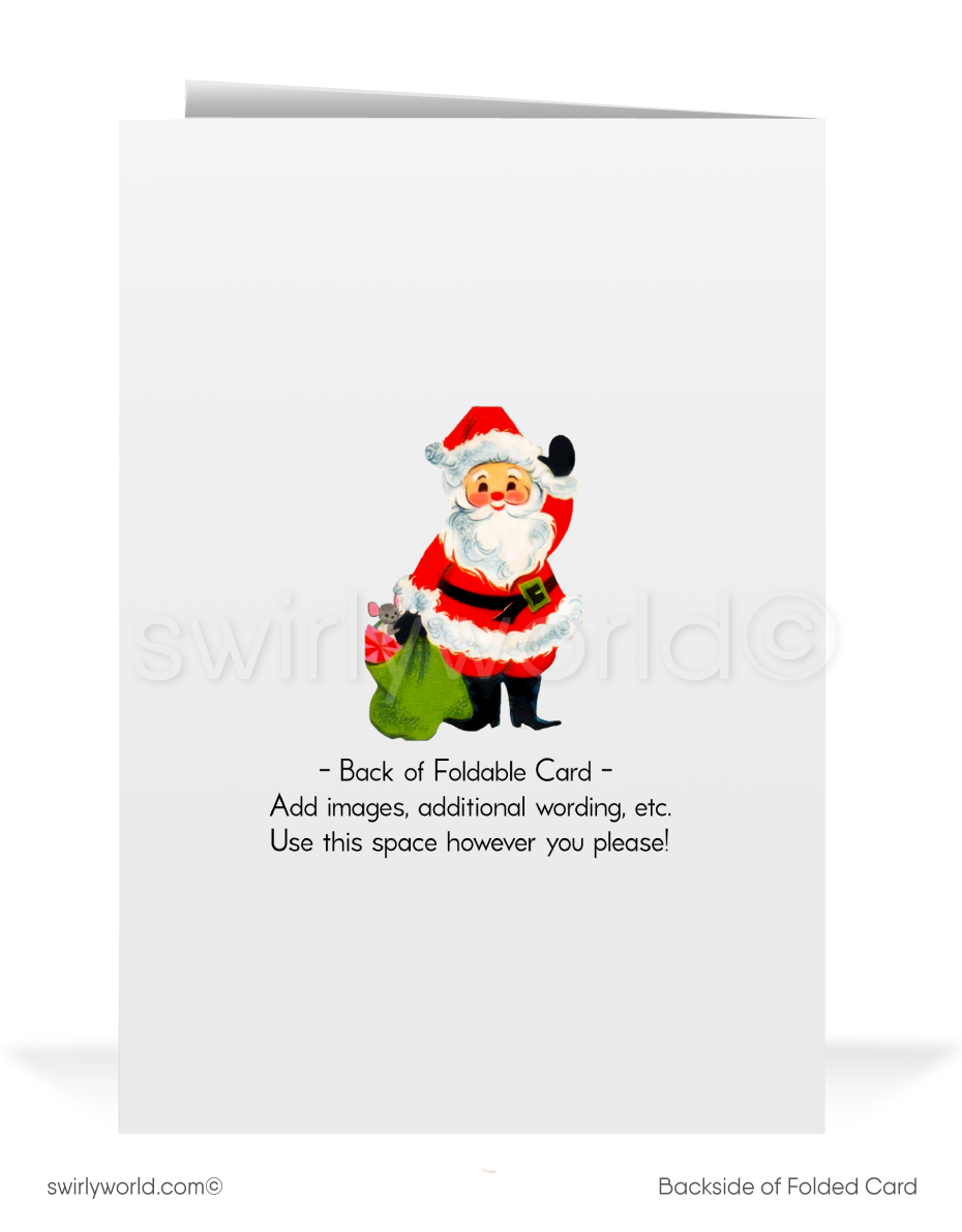 Vintage Christmas Card – Retro Santa with Gift & "Holiday Greetings" Tag, Classic Mid-Century Holiday Design