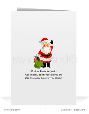 Vintage Christmas Card – Retro Santa with Gift & "Holiday Greetings" Tag, Classic Mid-Century Holiday Design