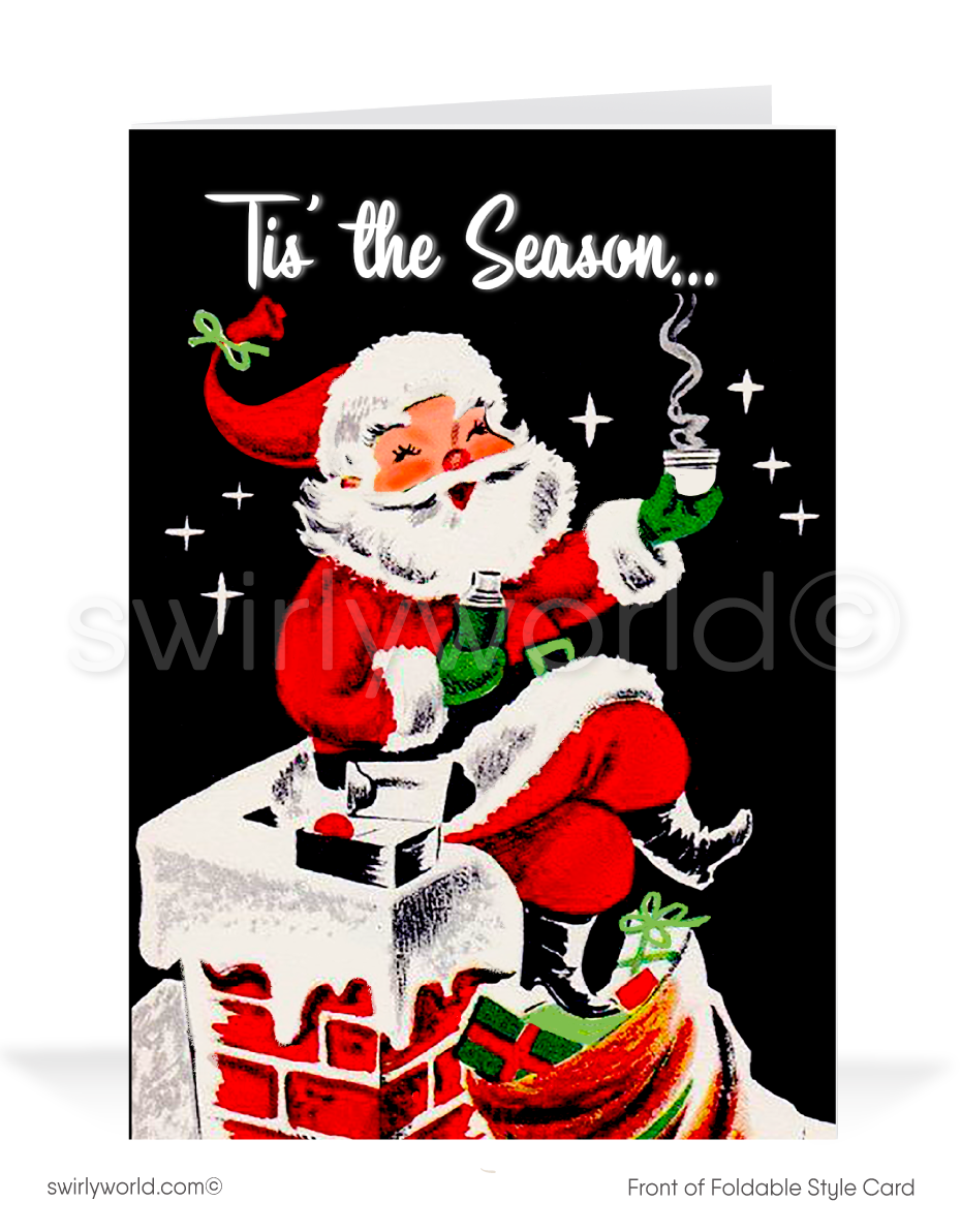 Send holiday cheer with a retro 1950s Santa card! Featuring Santa on a chimney with smoke spelling 'Tis the Season, customizable for a personal touch.