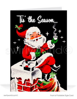 Send holiday cheer with a retro 1950s Santa card! Featuring Santa on a chimney with smoke spelling 'Tis the Season, customizable for a personal touch.