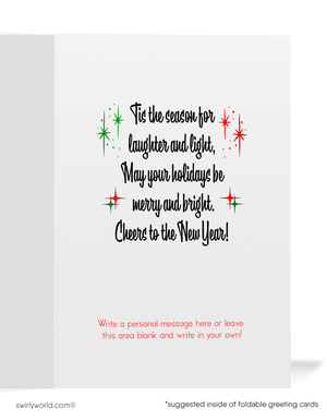 Vintage 1950s Christmas Card – Santa with Sack of Toys & Reindeer, Retro Holly Wreath Mid-Century Holiday Design