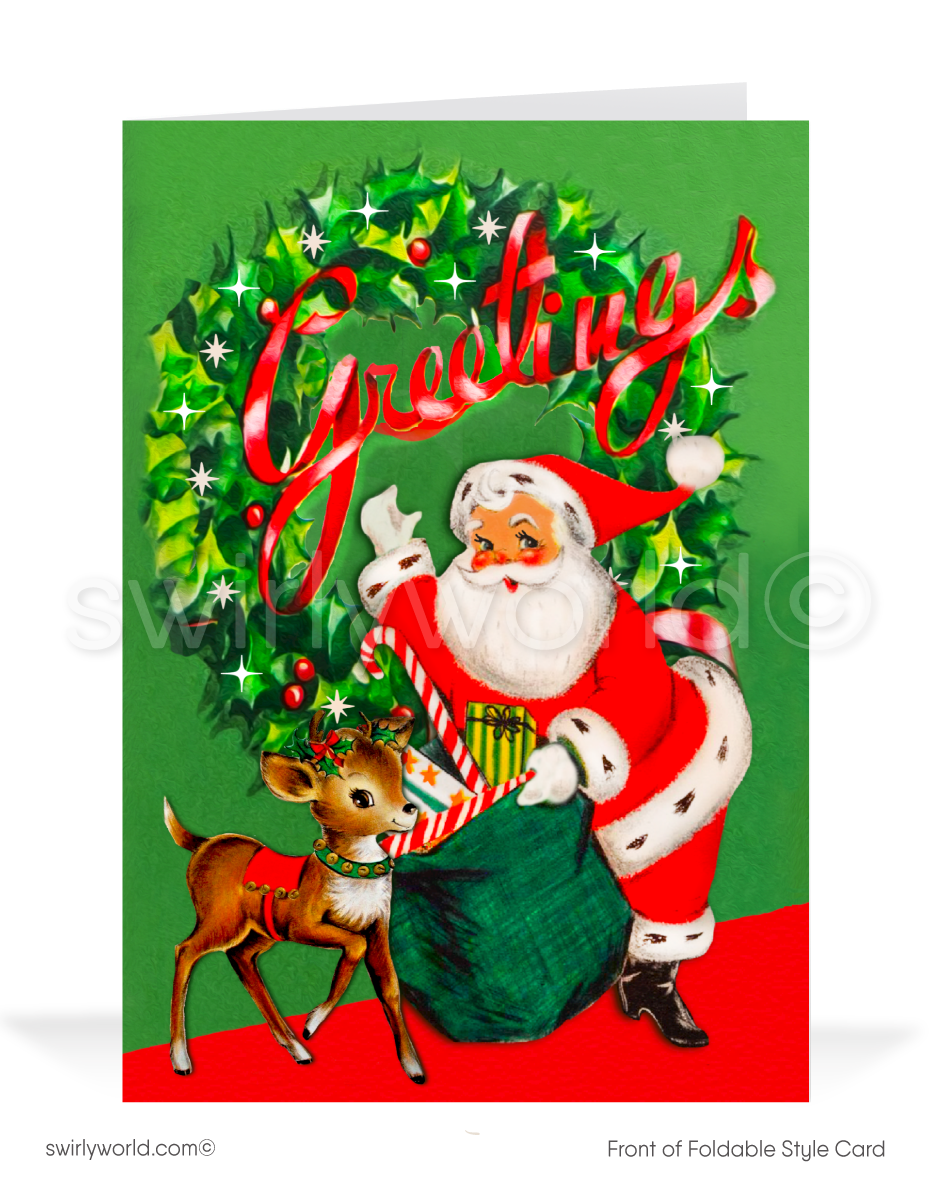 Celebrate the season with a retro 1950s holiday card featuring Santa, a reindeer, and a holly wreath. Nostalgic mid-century charm for a vintage Christmas vibe!