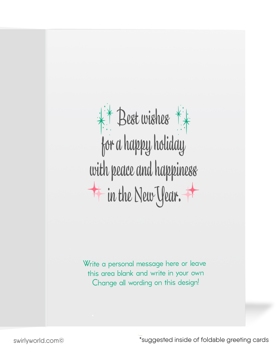 Vintage-style Christmas card with a girl holding a light bulb and tree, featuring the brand 'swirlyworld.com'.