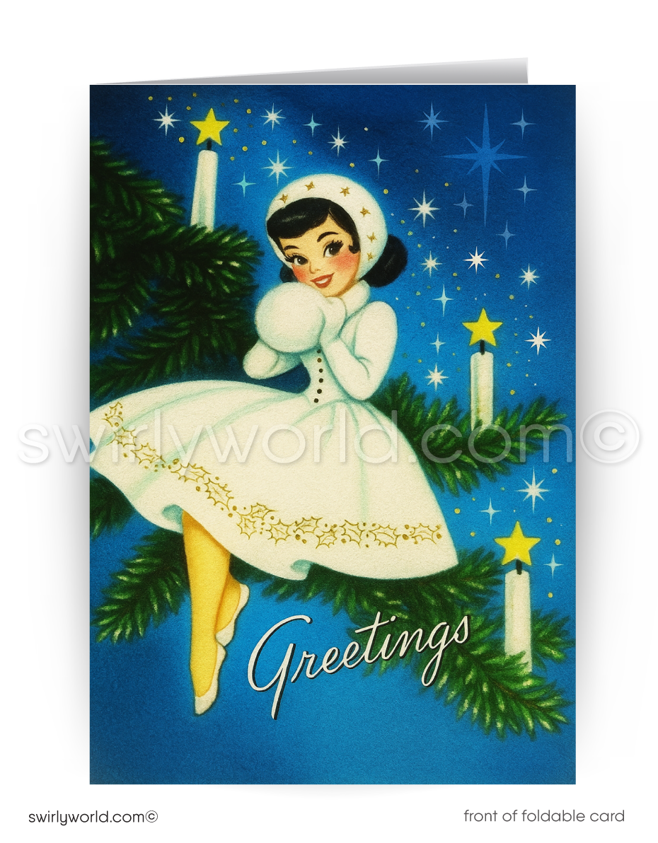 Vintage-style Christmas card with a woman in a white dress among Christmas trees and stars.