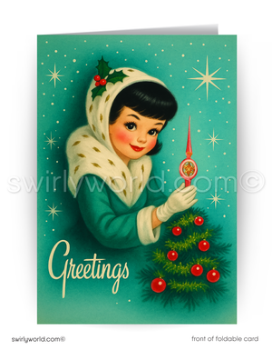 Vintage-style Christmas card with a girl holding a light bulb and tree, featuring the brand 'swirlyworld.com'.