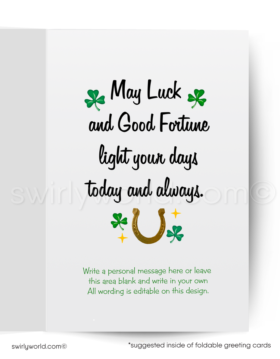 Vintage St. Patrick’s Day Card – Irish Lass with Shamrock – 1940s-50s Mid-Century Design – Customizable