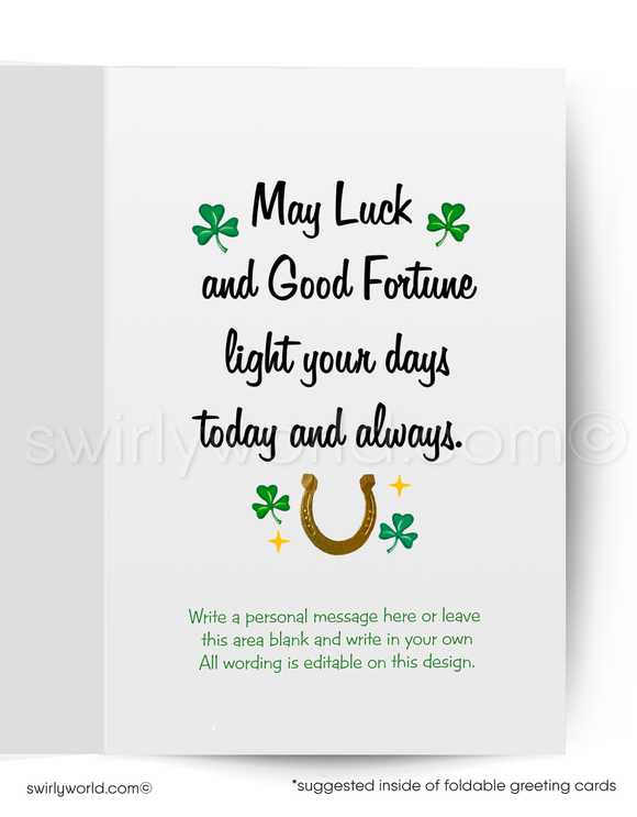 Vintage St. Patrick’s Day Card – Irish Lass with Shamrock – 1940s-50s Mid-Century Design – Customizable