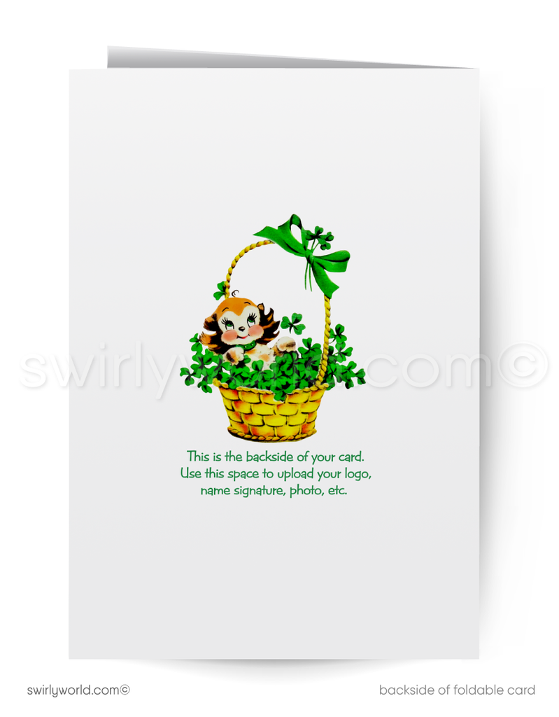 Vintage St. Patrick’s Day Card – Irish Lass with Shamrock – 1940s-50s Mid-Century Design