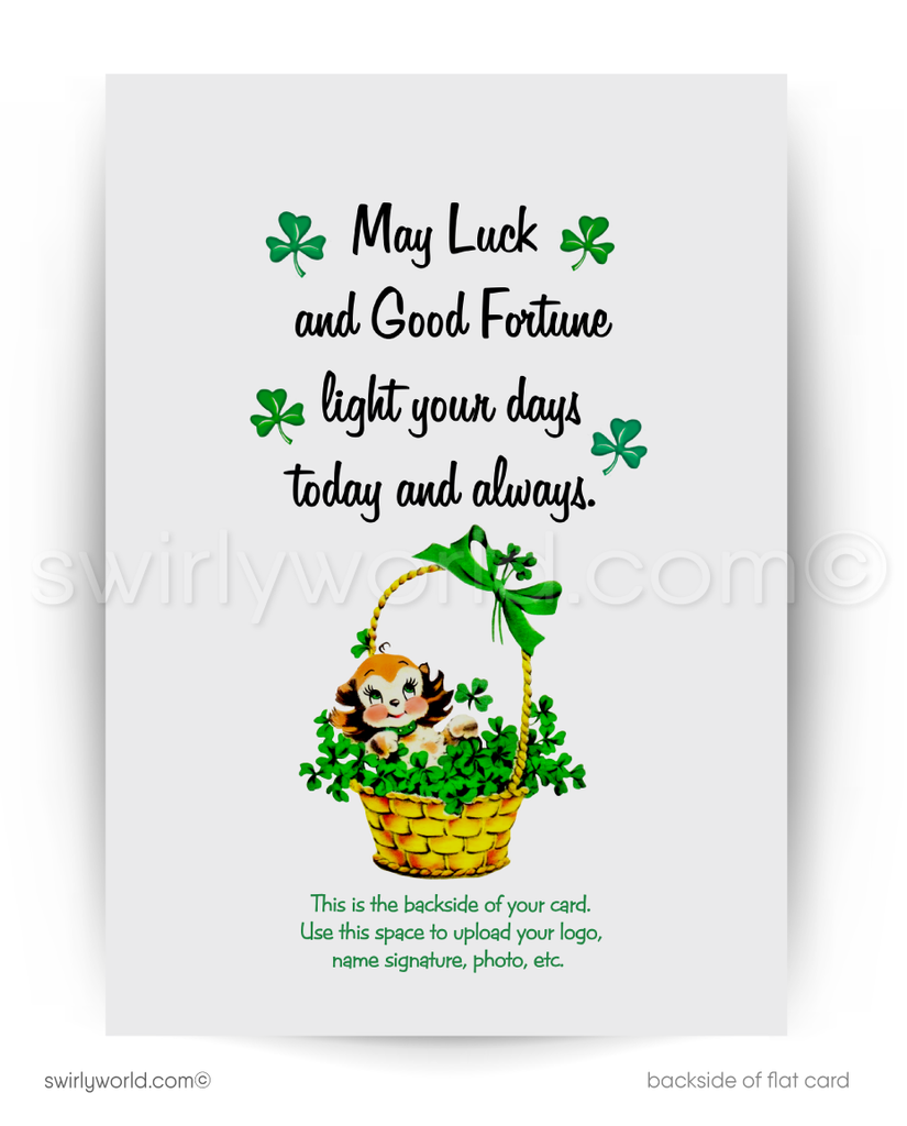 Vintage St. Patrick’s Day Card – Irish Lass with Shamrock – 1940s-50s Mid-Century Design