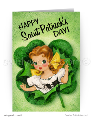 St. Patrick's Day card with a girl and shamrock design on a green background