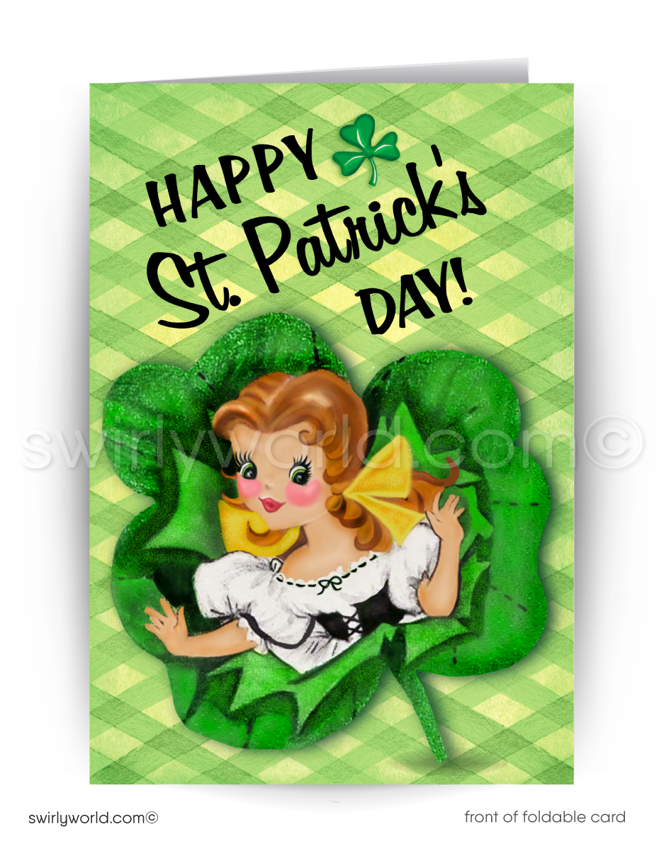 Vintage St. Patrick’s Day Card – Irish Lass with Shamrock – 1940s-50s Mid-Century Design – Customizable