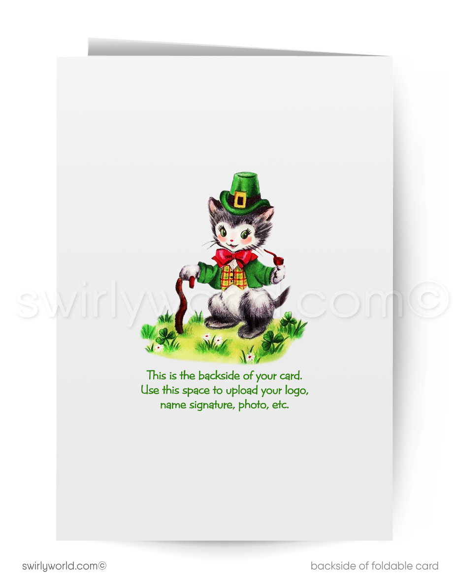 Vintage St. Patrick’s Day Card – Kitschy Orange Tabby Kitten with Shamrocks – 1940s-50s Mid-Century Design