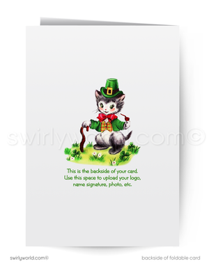 Vintage St. Patrick’s Day Card – Kitschy Orange Tabby Kitten with Shamrocks – 1940s-50s Mid-Century Design