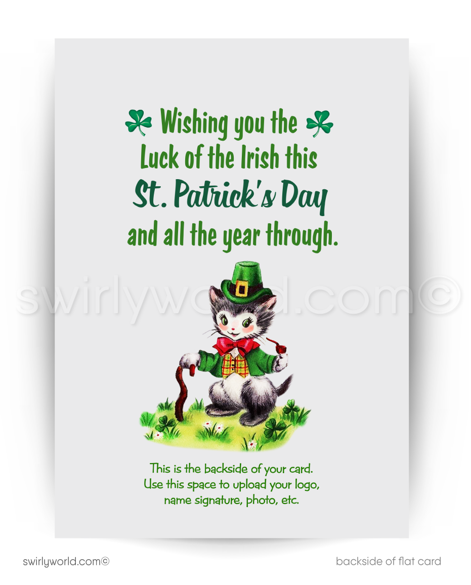 Vintage St. Patrick’s Day Card – Kitschy Orange Tabby Kitten with Shamrocks – 1940s-50s Mid-Century Design