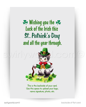 Vintage St. Patrick’s Day Card – Kitschy Orange Tabby Kitten with Shamrocks – 1940s-50s Mid-Century Design