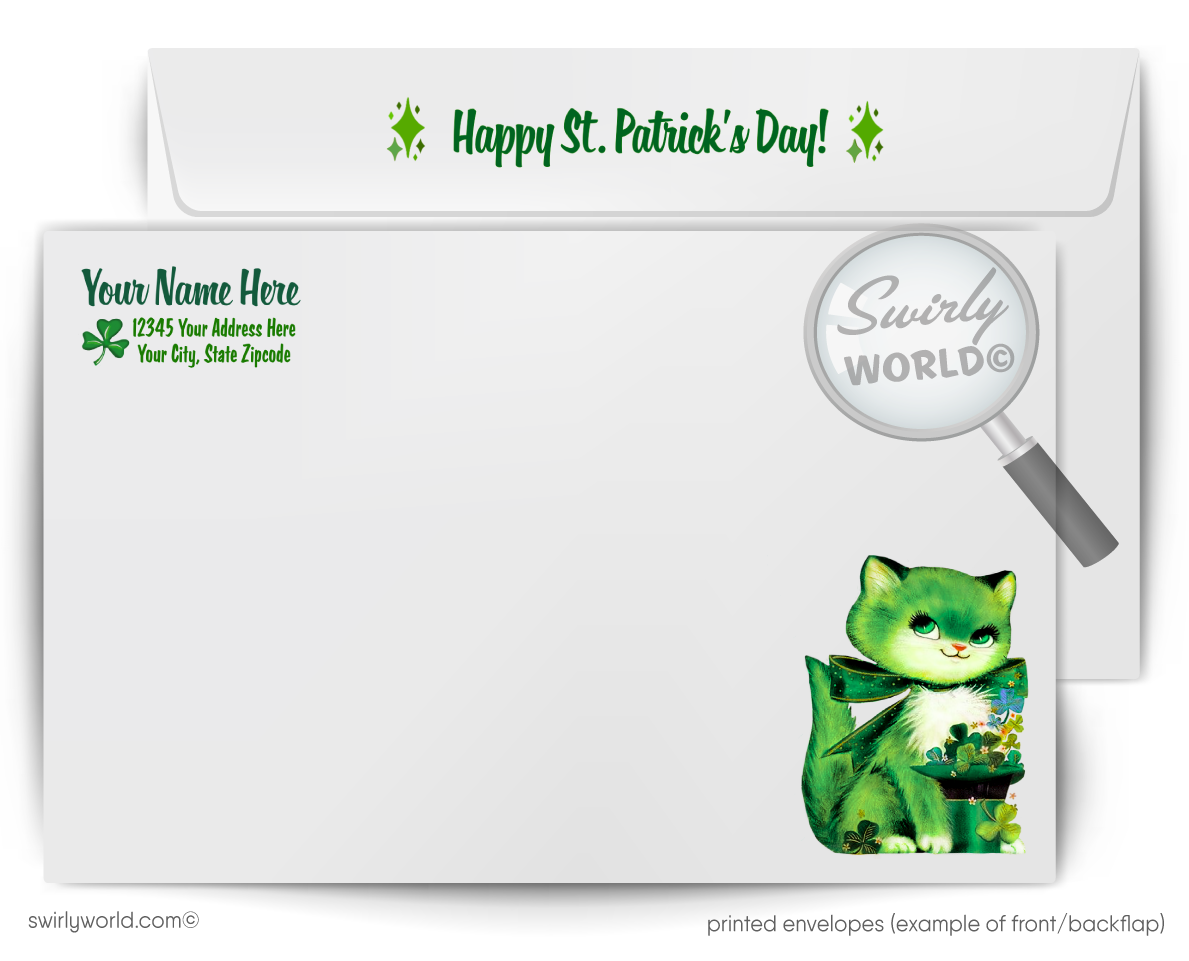 Vintage St. Patrick’s Day Card – Kitschy Orange Tabby Kitten with Shamrocks – 1940s-50s Mid-Century Design