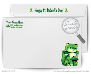 Vintage St. Patrick’s Day Card – Kitschy Orange Tabby Kitten with Shamrocks – 1940s-50s Mid-Century Design