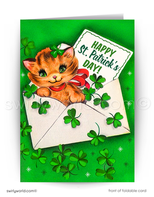Vintage St. Patrick’s Day Card – Kitschy Orange Tabby Kitten with Shamrocks – 1940s-50s Mid-Century Design