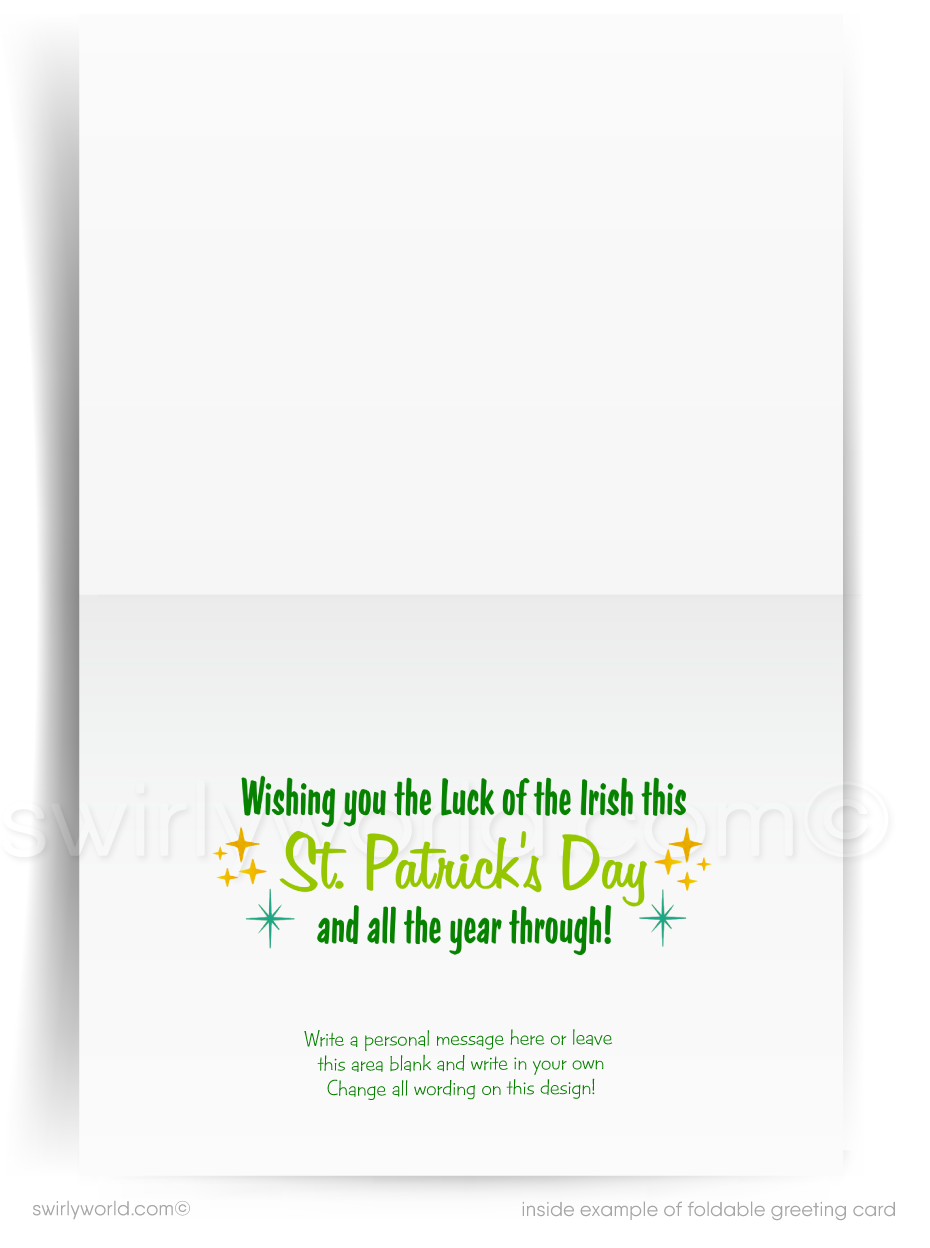 Vintage St. Patrick’s Day Card – Irish Boy & Girl with Shamrocks – 1940s-50s Mid-Century Design