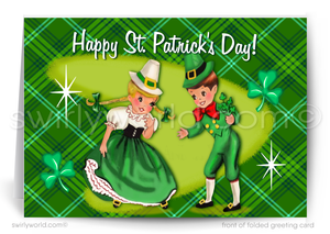 Vintage St. Patrick’s Day Card – Irish Boy & Girl with Shamrocks – 1940s-50s Mid-Century Design