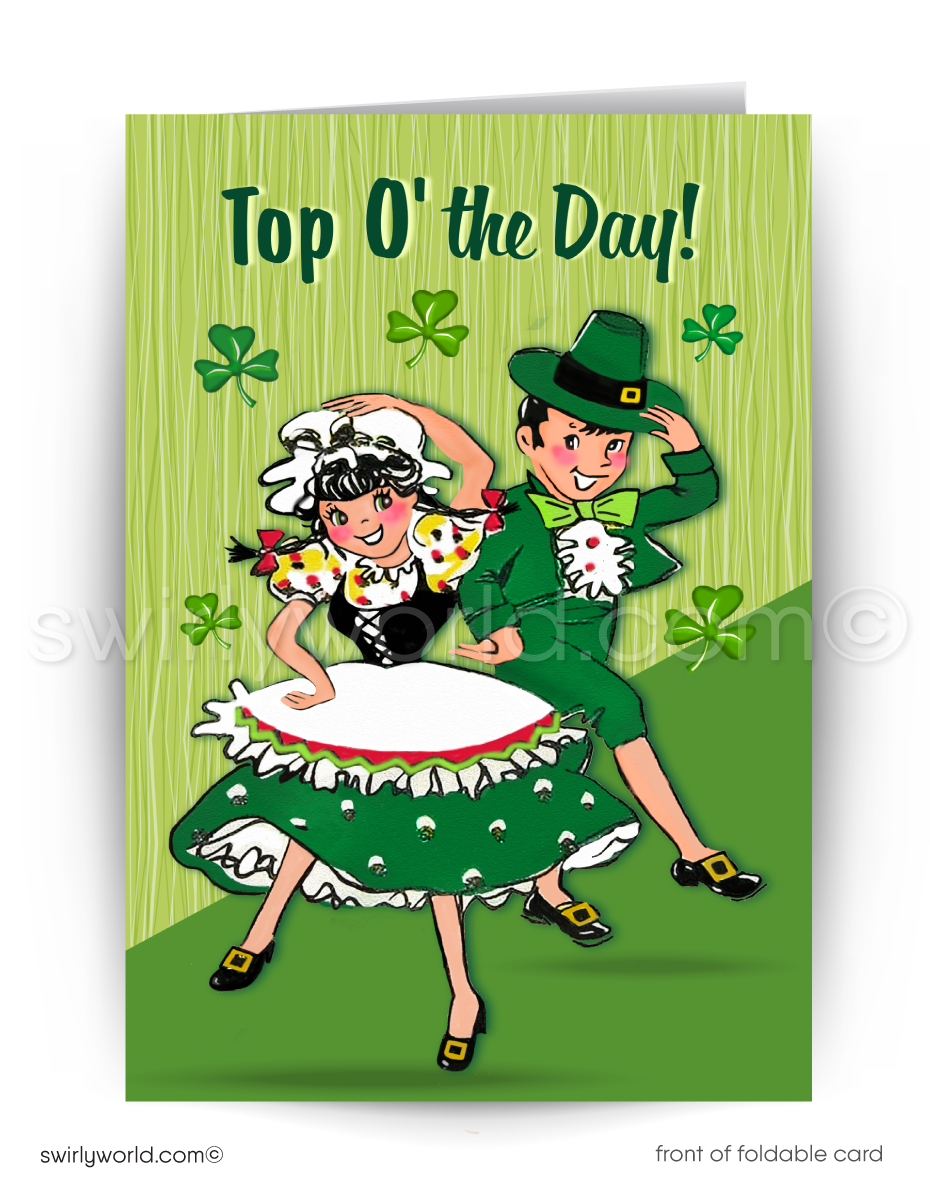 Celebrate St. Patrick’s Day with a vintage card featuring an Irish dancing couple, shamrocks, and retro charm. Perfect for clients, friends, and festive greetings!