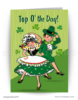 Celebrate St. Patrick’s Day with a vintage card featuring an Irish dancing couple, shamrocks, and retro charm. Perfect for clients, friends, and festive greetings!