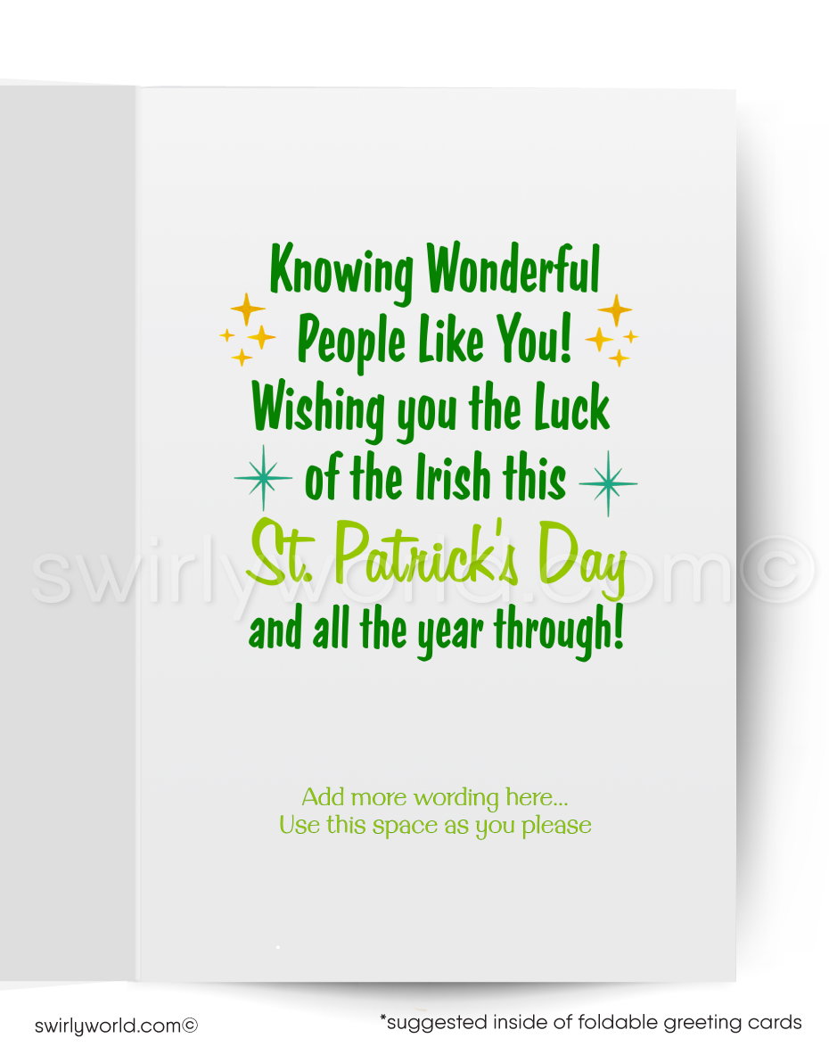 Celebrate St. Patrick’s Day with a vintage card featuring a leaping leprechaun, shamrock, and lucky horseshoe. Perfect for clients, friends, and festive greetings!