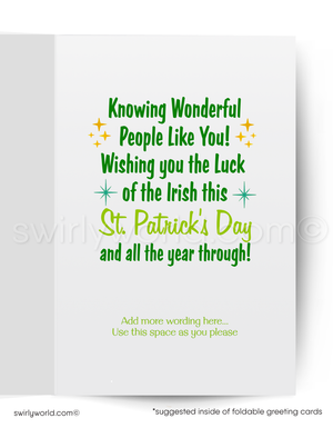 Vintage St. Patrick’s Day Card – Jumping Leprechaun with Shamrock & Horseshoe – 1940s-50s Mid-Century Design