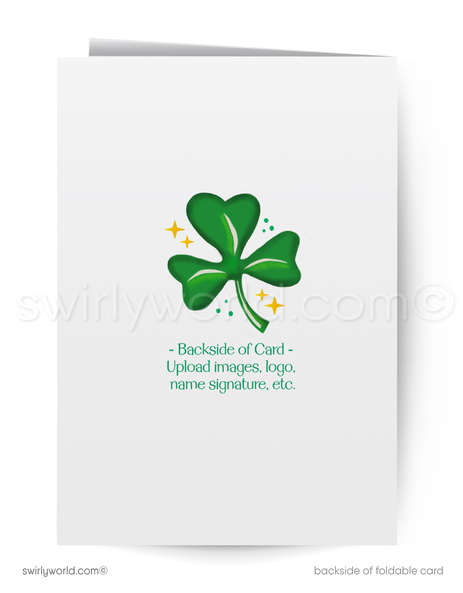 Vintage St. Patrick’s Day Card – Jumping Leprechaun with Shamrock & Horseshoe – 1940s-50s Mid-Century Design
