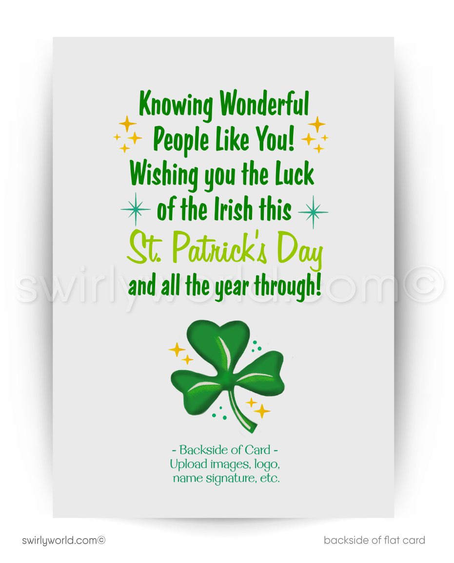 Vintage St. Patrick’s Day Card – Jumping Leprechaun with Shamrock & Horseshoe – 1940s-50s Mid-Century Design