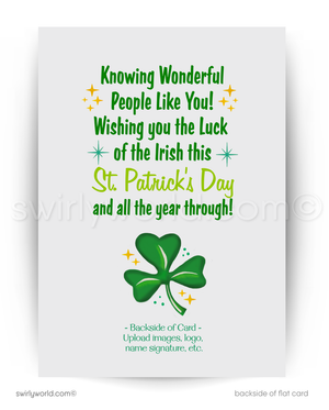 Vintage St. Patrick’s Day Card – Jumping Leprechaun with Shamrock & Horseshoe – 1940s-50s Mid-Century Design