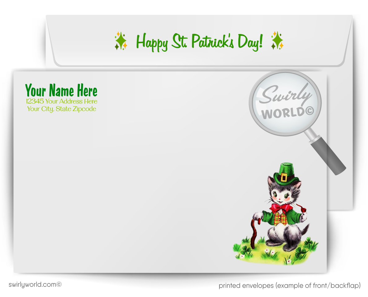 Vintage St. Patrick’s Day Card – Jumping Leprechaun with Shamrock & Horseshoe – 1940s-50s Mid-Century Design