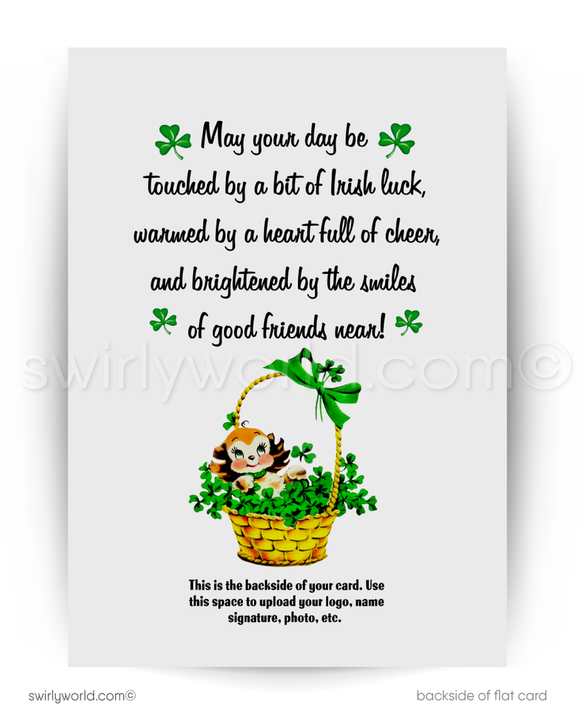 Vintage St. Patrick’s Day Card – Black Puppy with Shamrocks & Roses – 1940s-50s Mid-Century Design