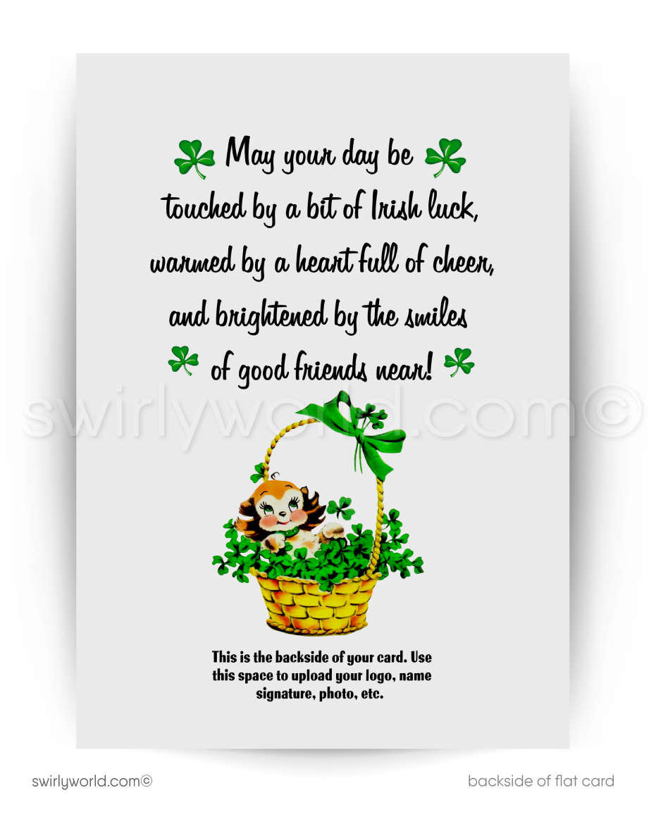 Vintage St. Patrick’s Day Card – Black Puppy with Shamrocks & Roses – 1940s-50s Mid-Century Design