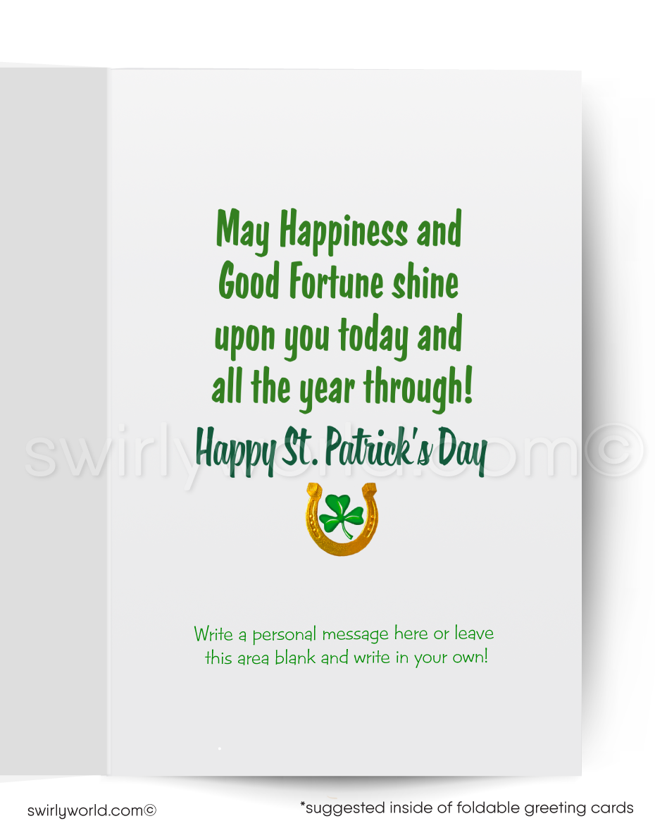 Vintage St. Patrick’s Day Card – Kitschy Dog in Leprechaun Hat with Shamrocks – 1940s-50s Mid-Century Design